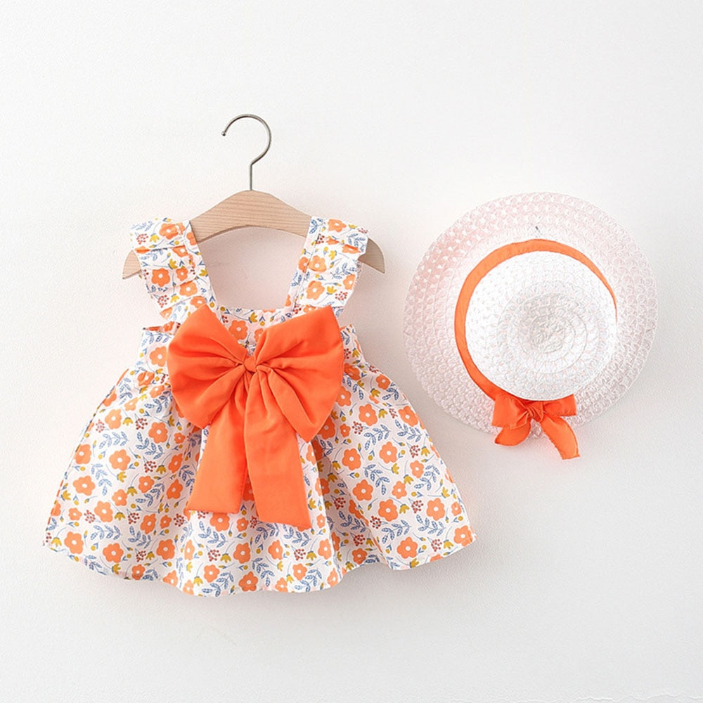orange infant dress Baby Girl Flower Print Summer + Matching Hat 24M / Red Size:6 1/2 Medium No question Remove grease stains from Ocassion_Casual
