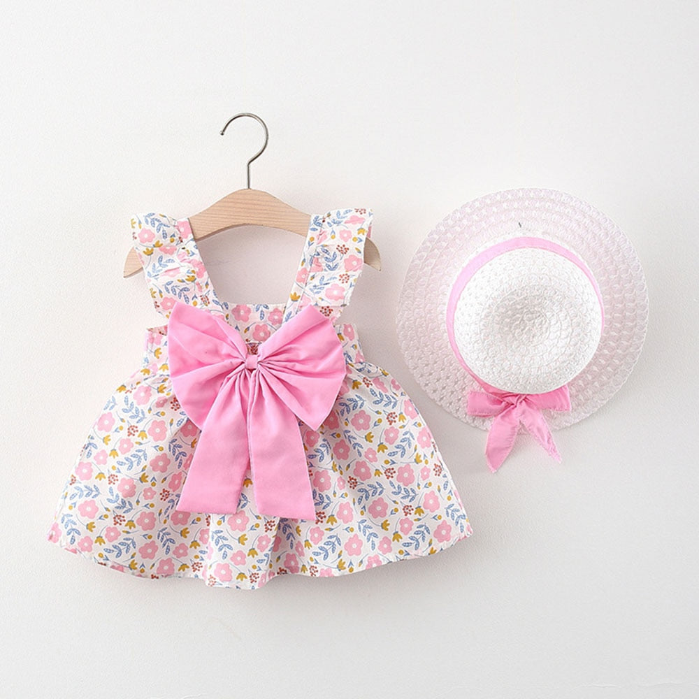 Baby Girl Flower Print Summer Dress + Matching Hat 24M / Red