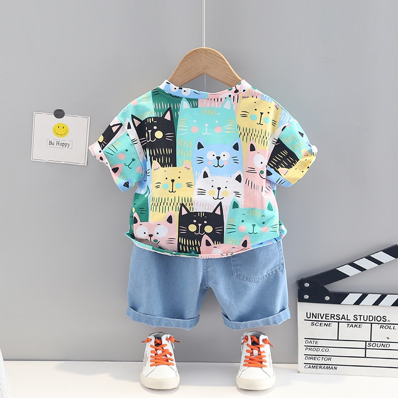 Spring / Summer 2 Pcs Clothing Set Cat Design T-Shirt + Shorts - Pink & Blue Baby Shop - Review