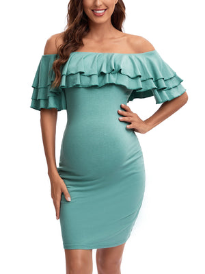 Spring/Summer Solid Hue Off-Shoulder with Layered Ruffle Maternity Dress Pink / XL Spring/Summer Solid Hue Off-Shoulder with Layered Ruffle Maternity Dress Pink / XL