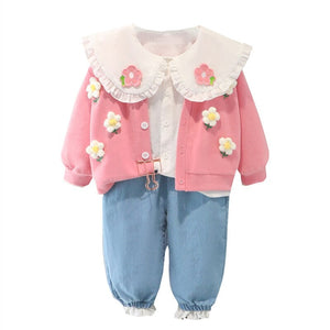 New Fashion 3 Pcs Flowered Jacket +Shirt + Pants Set for Girls - Pink & Blue Baby Shop - Review