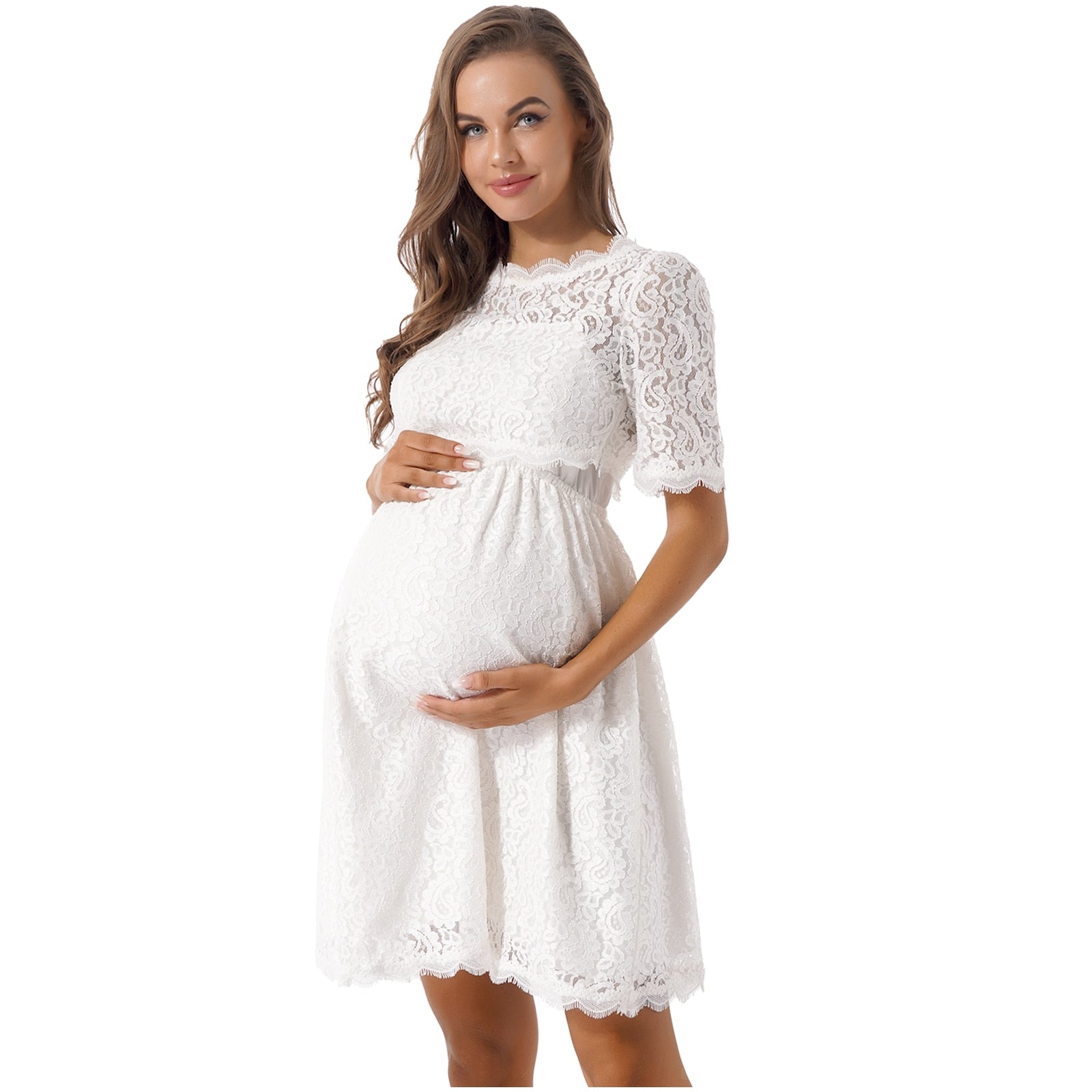 Maternity Elegant Solid Hue Lace Dress, Wrap Style with V-Neck M / White Maternity Elegant Solid Hue Lace Dress, Wrap Style with V-Neck M / White