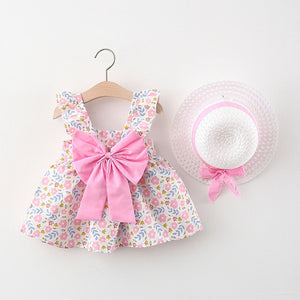 Baby Girl Flower Print Summer Dress + Matching Hat 24M / Red Baby Girl Flower Print Summer Dress + Matching Hat 24M / Red