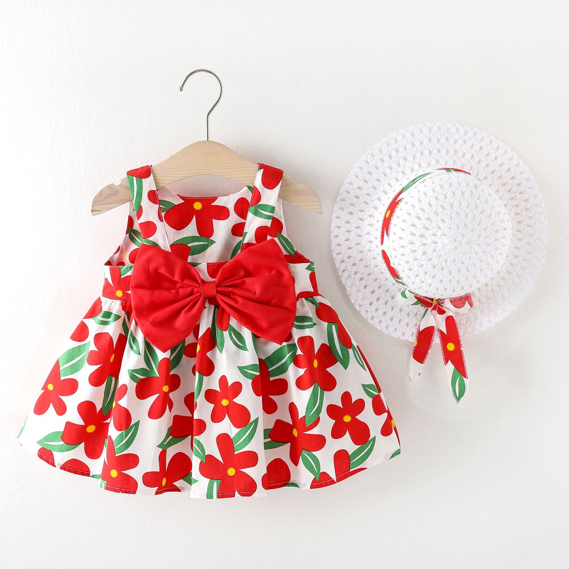 Baby Girl 2 Pcs Summer Clothing Set Dress + Hat 4T / Red Baby Girl 2 Pcs Summer Clothing Set Dress + Hat 4T / Red