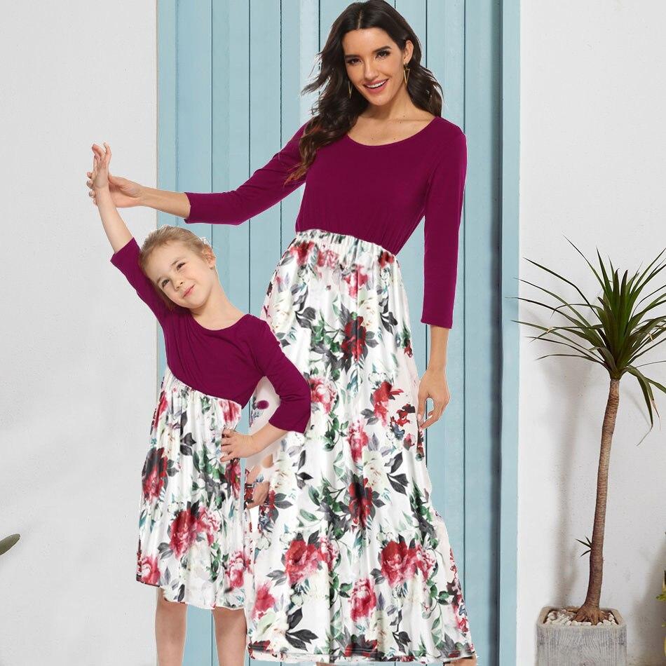 Spring/Autumn Mother Daughter Matching Dresses - Burgundy Top Floral Dress Mom L Spring/Autumn Mother Daughter Matching Dresses - Burgundy Top Floral Dress Mom L