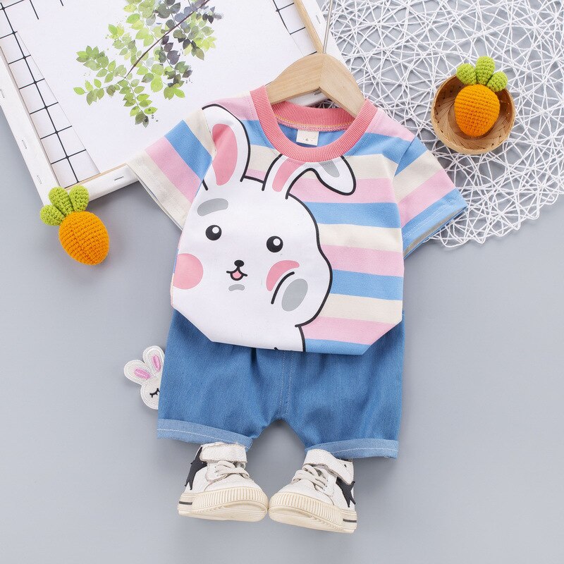 Summer 2Pcs Clothing Set for Kids - Bunny T-Shirt + Shorts - Pink & Blue Baby Shop - Review