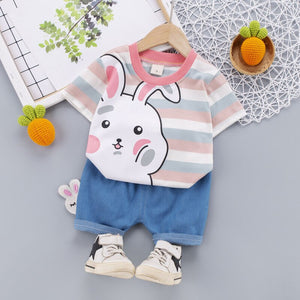 Summer 2Pcs Clothing Set for Kids - Bunny T-Shirt + Shorts - Pink & Blue Baby Shop - Review