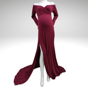 Shoulderless Maternity Maxi Gown, Wine red / L Shoulderless Maternity Maxi Gown, Wine red / L