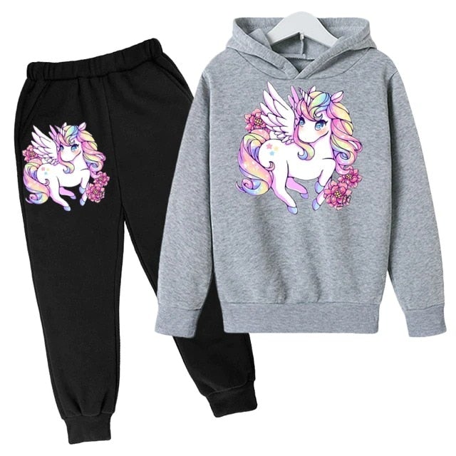 2-piece Kid Girl Animal Unicorn Print Hoodie Sweatshirt and Denim Jeans Set