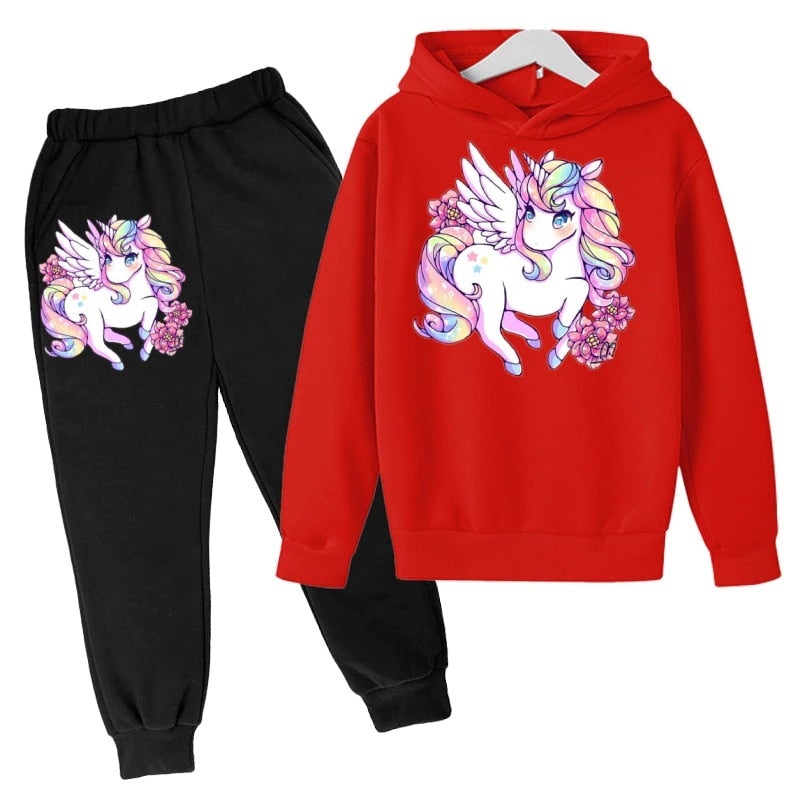 2-piece Kid Girl Rainbow Unicorn Print Zipper Hoodie Sweatshirt and Pants Set