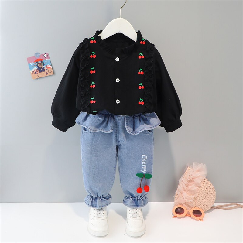 Spring / Autumn 2 Pcs Girls' Clothing Set - Long Sleeves Cherry Blouse + Pants/Skirt - Pink & Blue Baby Shop - Review