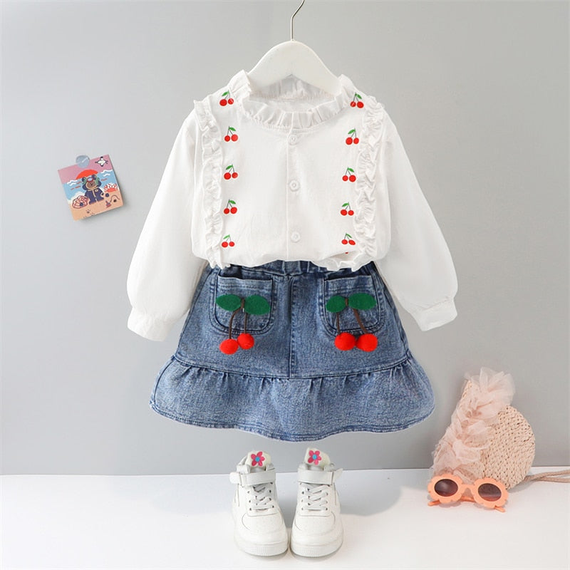 Spring / Autumn 2 Pcs Girls' Clothing Set - Long Sleeves Cherry Blouse + Pants/Skirt - Pink & Blue Baby Shop - Review