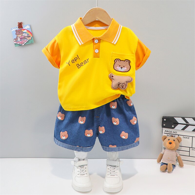 Toddler Boy 2pcs Beach Short-sleeve Yellow T-shirt Top and Solid Black Shorts Set