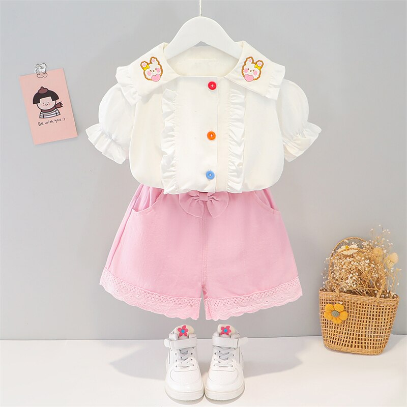 Spring / Summer 2 Pcs Girls Clothing Set Design Top + Shorts - Pink & Blue Baby Shop - Review