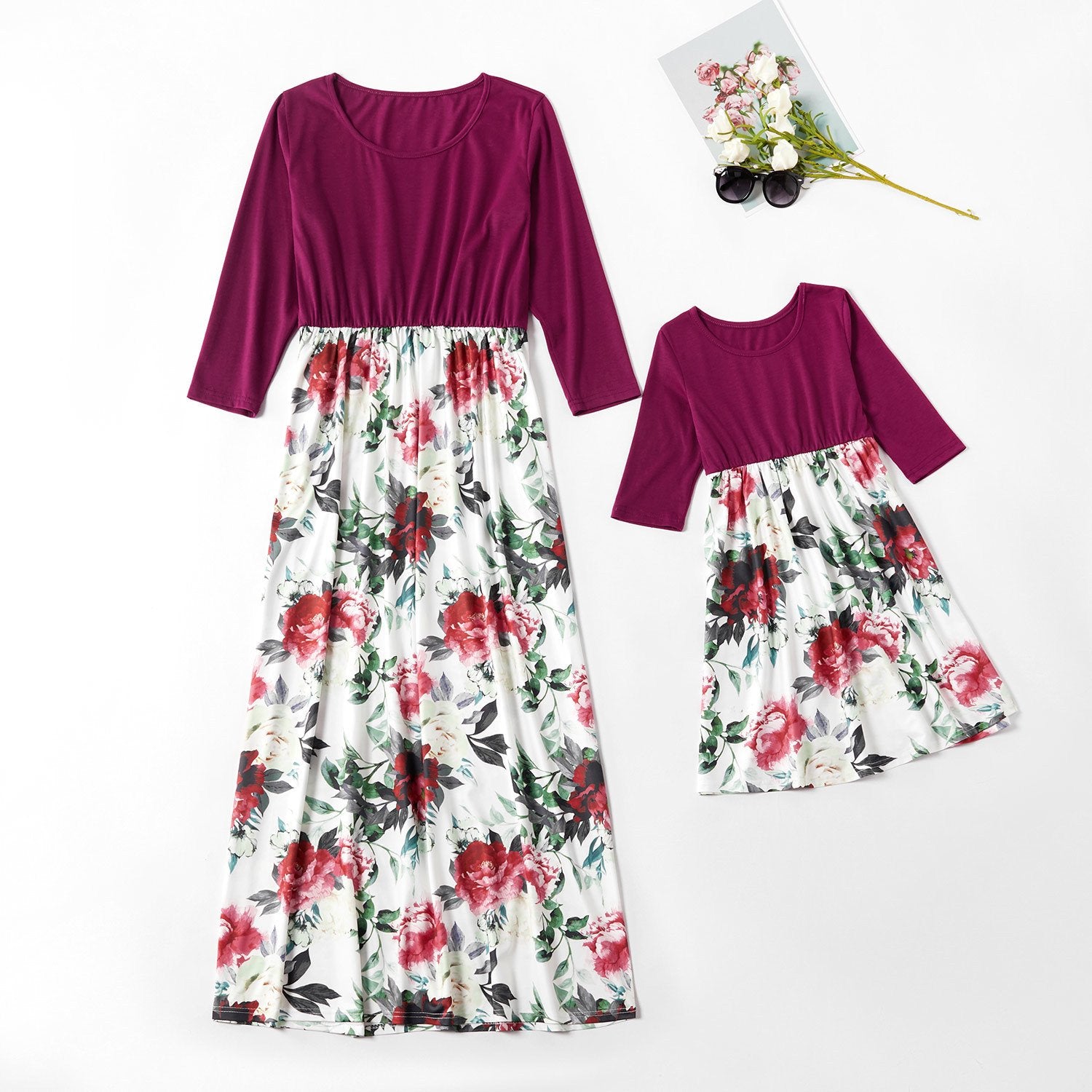Spring/Autumn Mother Daughter Matching Dresses - Burgundy Top Floral Dress Mom L Spring/Autumn Mother Daughter Matching Dresses - Burgundy Top Floral Dress Mom L