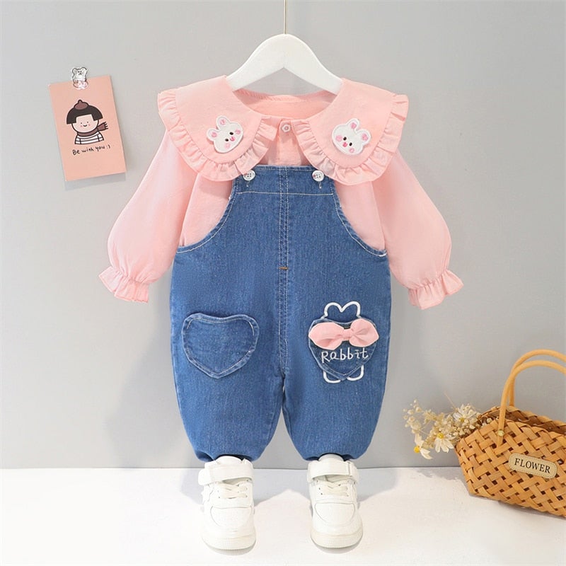 Spring/Summer Pcs Denim Overall +Shirt Set for Girls – Pink