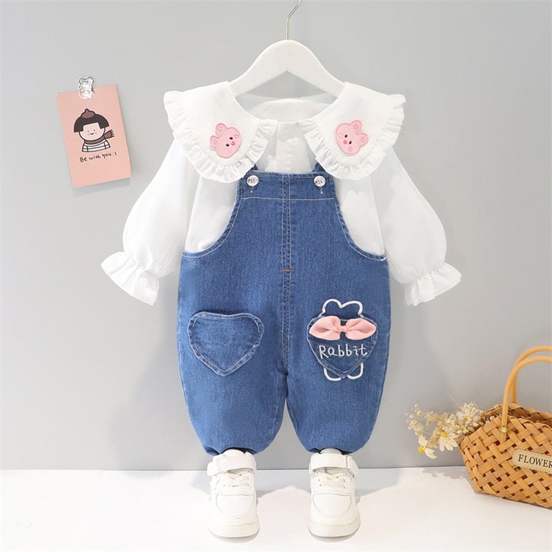 Spring/Summer Pcs Denim Overall +Shirt Set for Girls – Pink