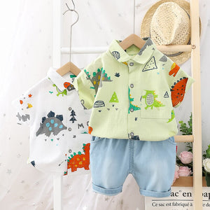 Summer 2 Pcs Clothing Set for Boys - Dino Shirt + Denim Shorts - Pink & Blue Baby Shop - Review