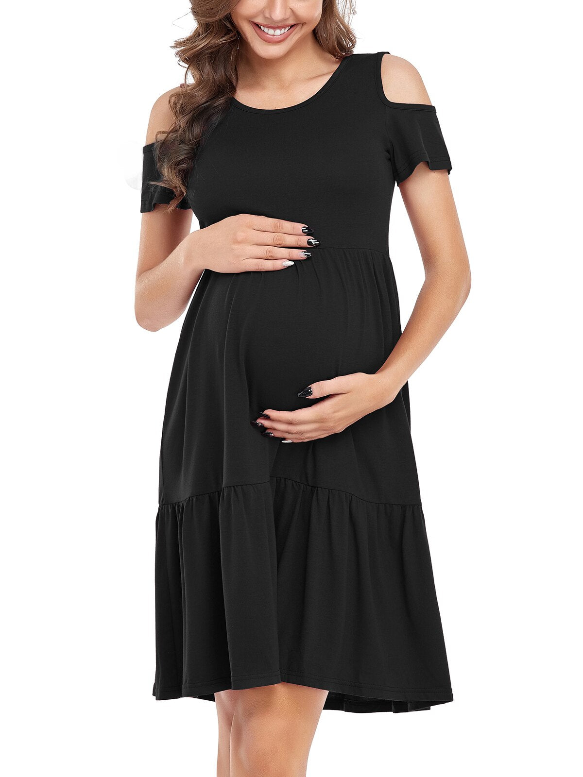 Summer Casual Cold-Shoulder Sleeves Maternity Dress Black / L Summer Casual Cold-Shoulder Sleeves Maternity Dress Black / L
