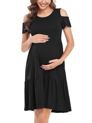 Summer Casual Cold-Shoulder Sleeves Maternity Dress - Pink & Blue Baby Shop - Review