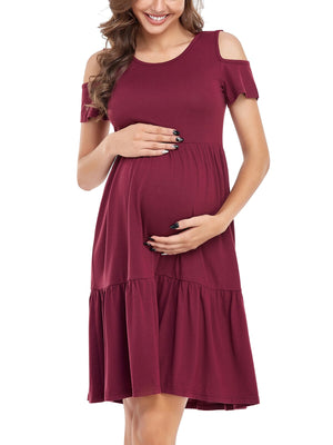 Summer Casual Cold-Shoulder Sleeves Maternity Dress Burgundy / S Summer Casual Cold-Shoulder Sleeves Maternity Dress Burgundy / S