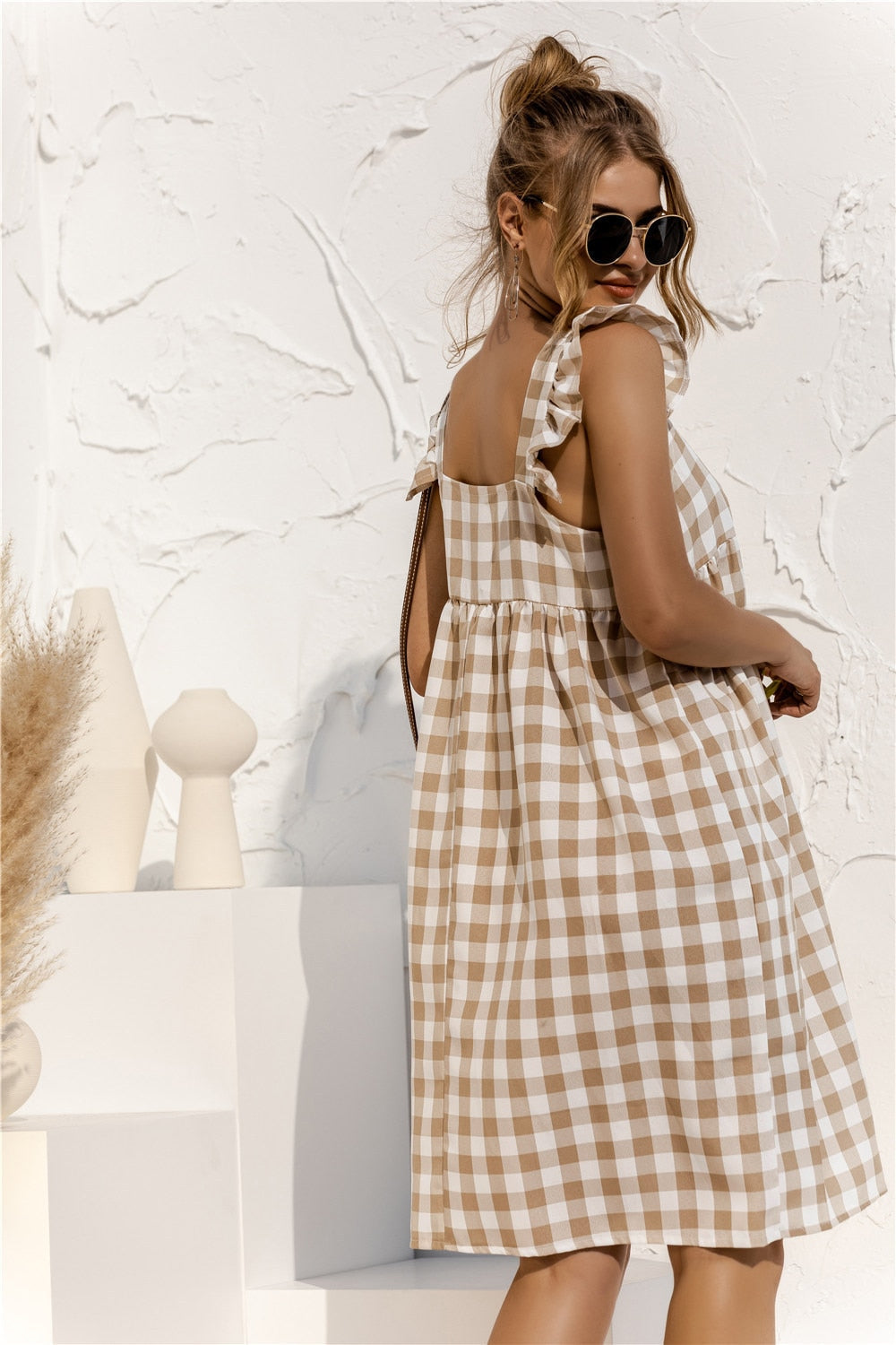 Summer Plaid Tiered Sleeveless Maternity Dress Black / S