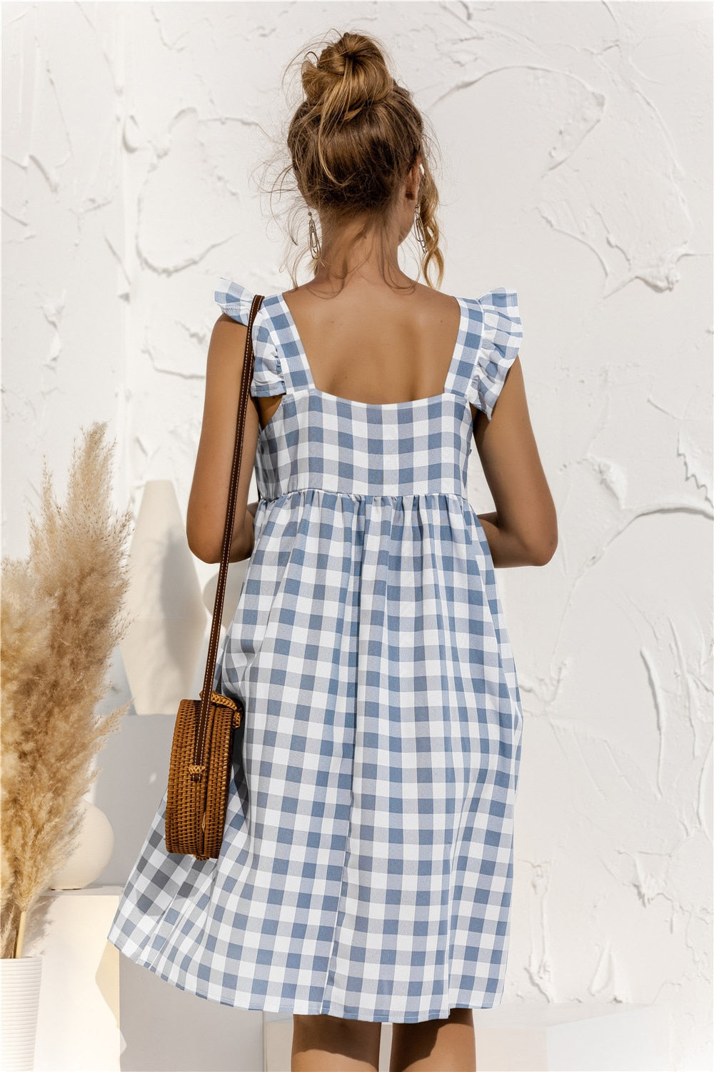 Summer Plaid Tiered Sleeveless Maternity Dress Black / S
