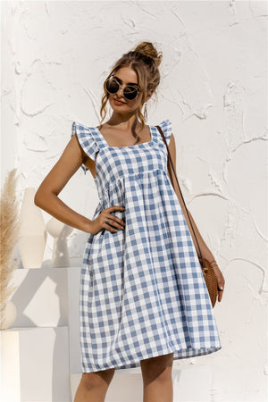 Summer Plaid Tiered Sleeveless Maternity Dress Blue / L Summer Plaid Tiered Sleeveless Maternity Dress Blue / L