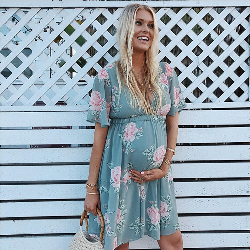 Summer Pregnancy/Nursing Floral Print Dress M / White Summer Pregnancy/Nursing Floral Print Dress M / White