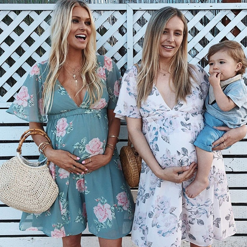 Summer Pregnancy/Nursing Floral Print Dress M / White Summer Pregnancy/Nursing Floral Print Dress M / White