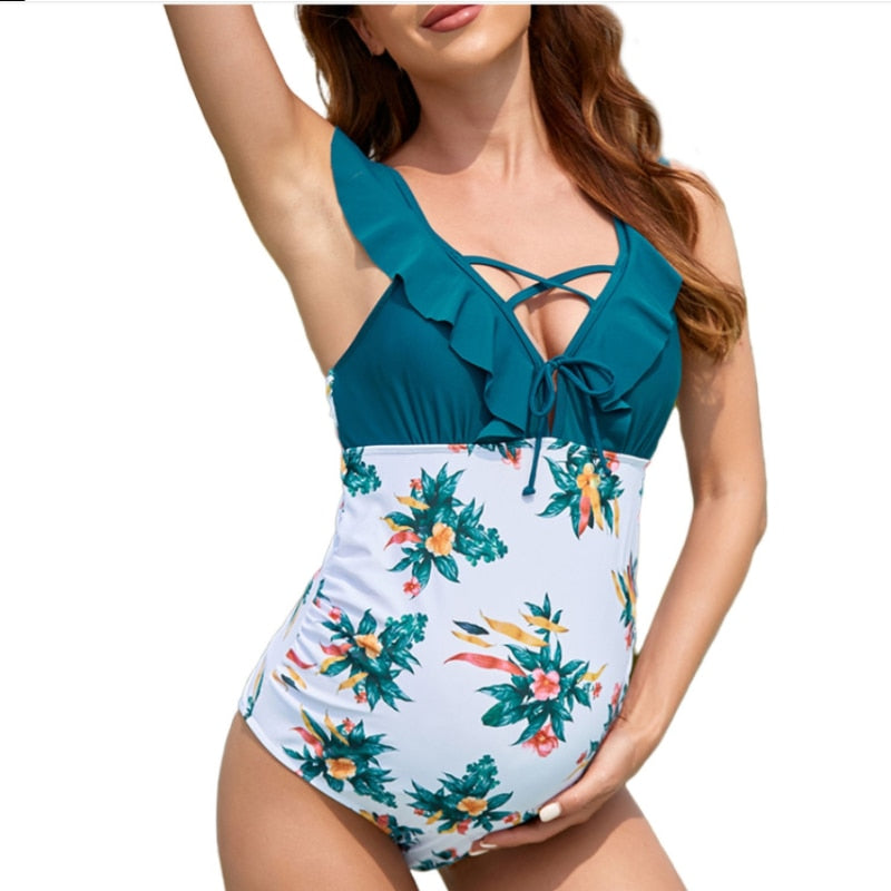 Teal + Floral Print Ruffle One-Piece Maternity Swimsuit - Pink & Blue Baby Shop - Review